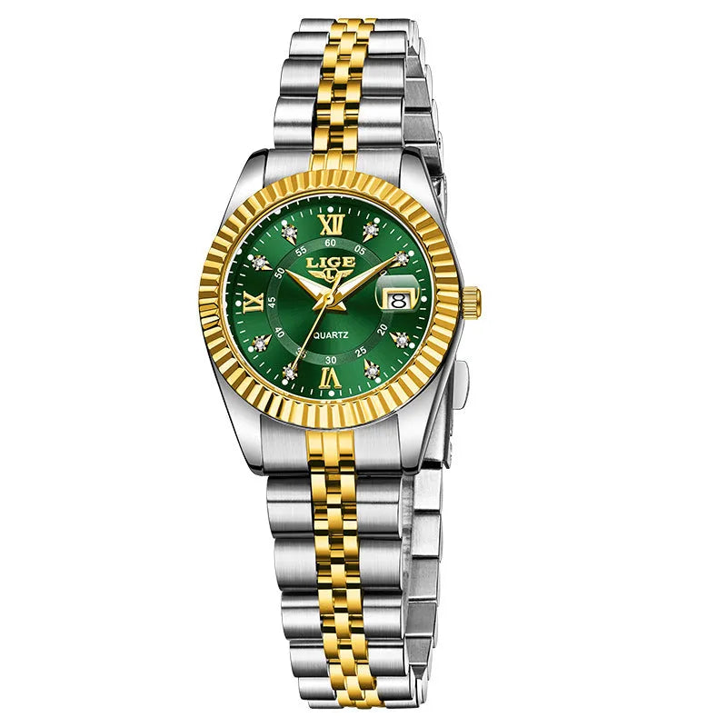 Gold and silver coloured waterproof quartz fashion watch with a 10mm thick case.