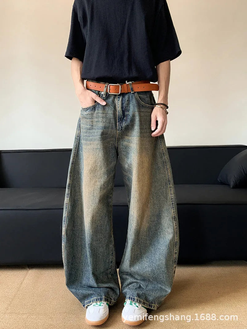 Men's retro blue distressed wide-leg jeans with slimming fit and zipper fly
