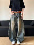 Men's retro blue distressed wide-leg jeans with slimming fit and zipper fly