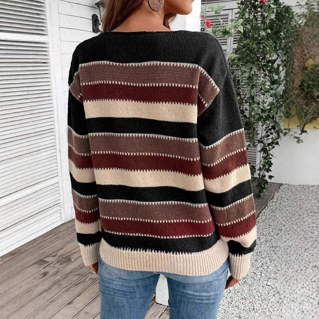 Women's striped colourblock pullover sweater in polyester, shown in black, blue, and grey.