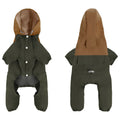 Khaki coloured waterproof dog coat with hood on a small dog, showing full-length front zip.