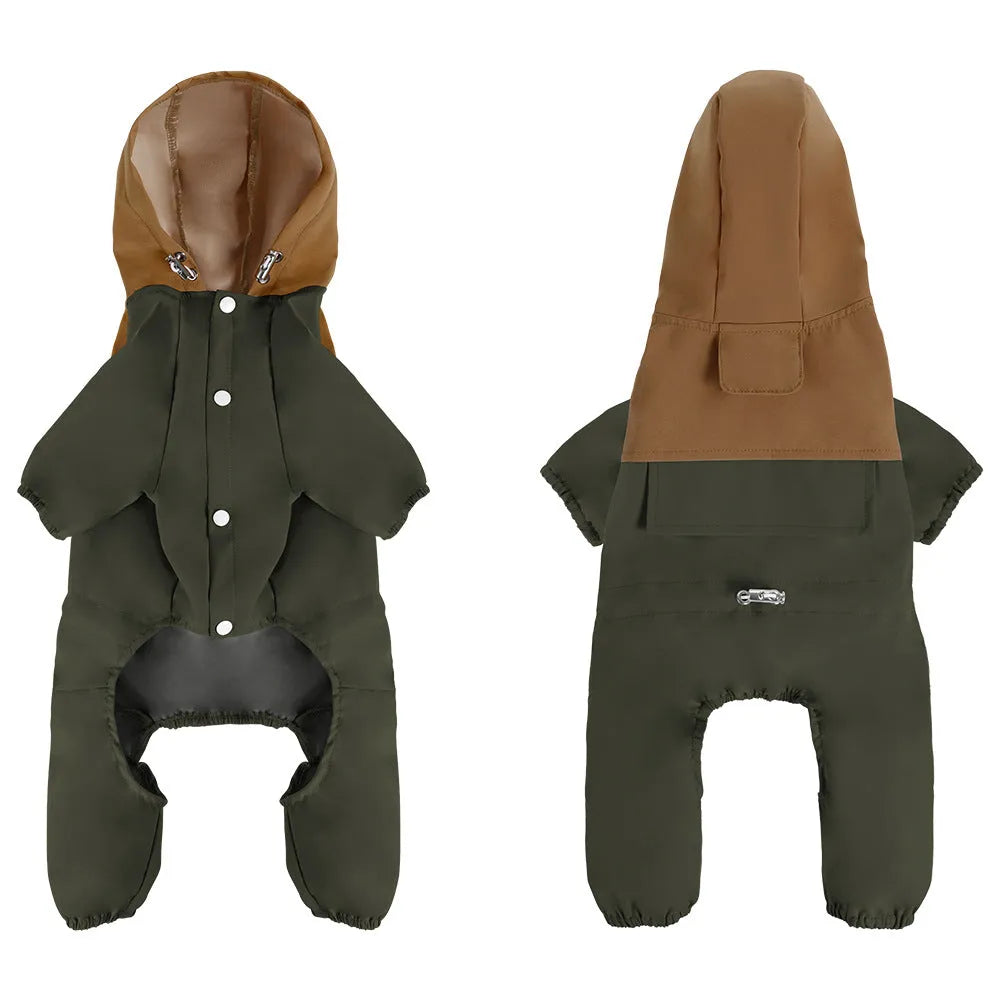 Khaki coloured waterproof dog coat with hood on a small dog, showing full-length front zip.