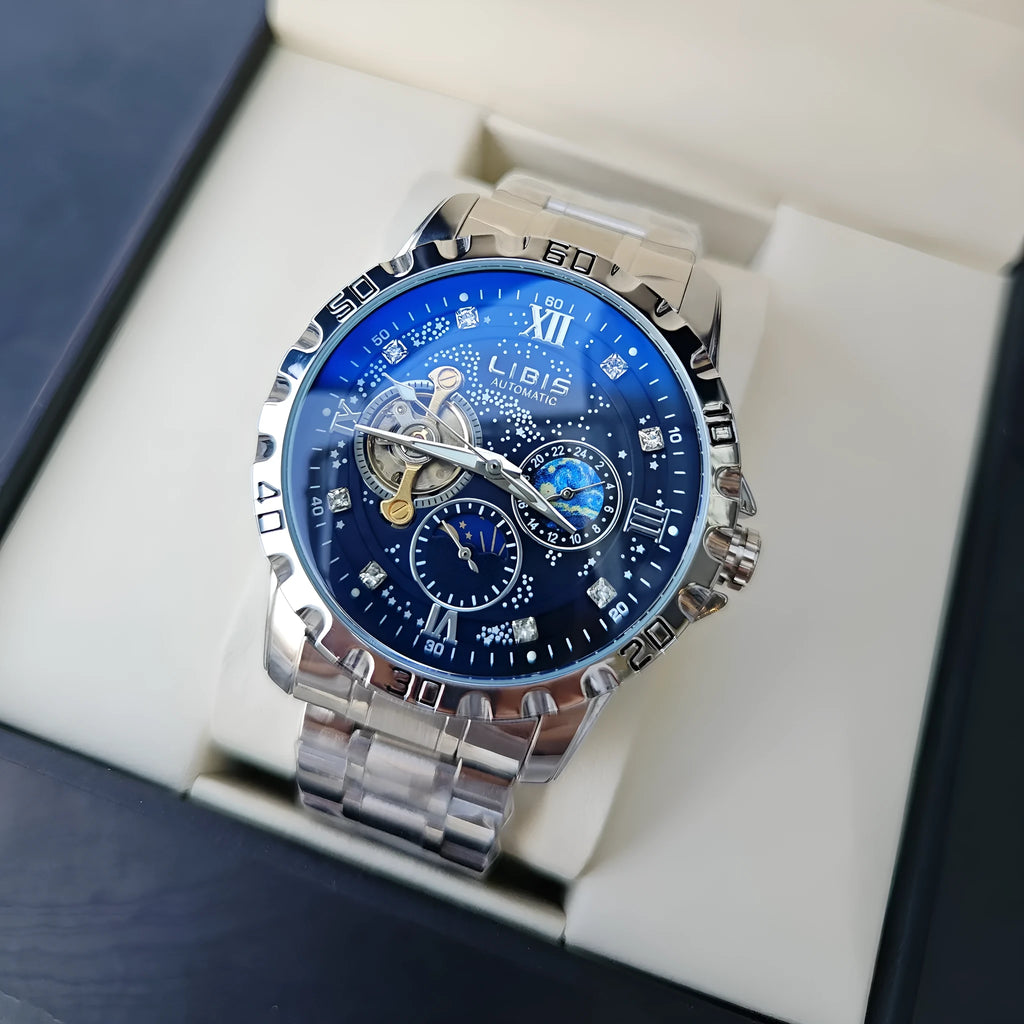 Men's silver case automatic watch with black starry luminous dial on a black steel belt.