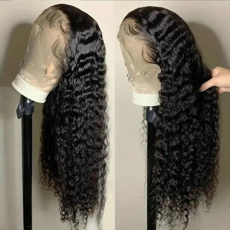 Women's black lace wig with small roll wound tube afro curly style, shown at long length.