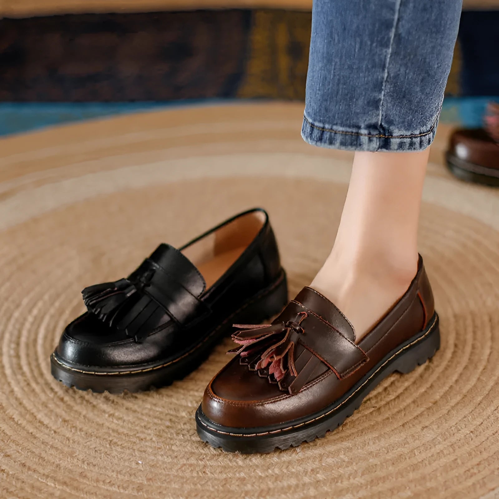 Women's brown leather loafers with tassel detail and a low chunky heel.