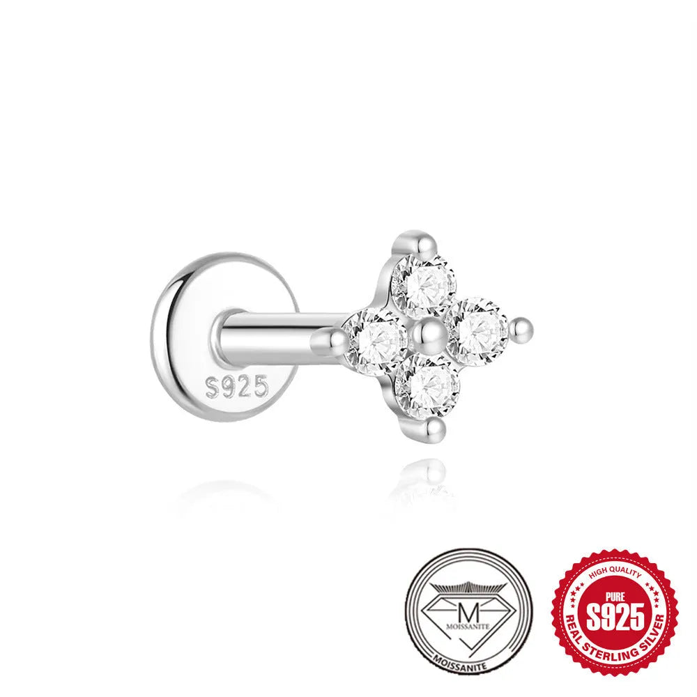 S925 sterling silver geometric ear clip stud earrings with petal diamond designs in platinum colour