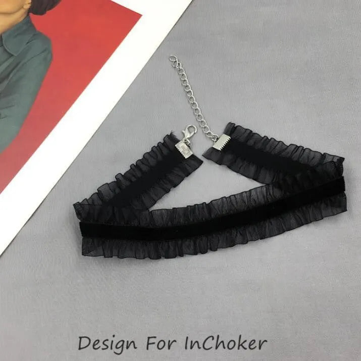 Velvet ruffled clavicle chain necklace with flower pendant and snake bones chain in alloy