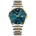 Men's stainless steel automatic mechanical watch with simple white dial and water resistance.