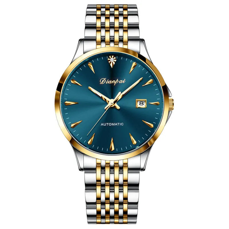 Men's stainless steel automatic mechanical watch with simple white dial and water resistance.