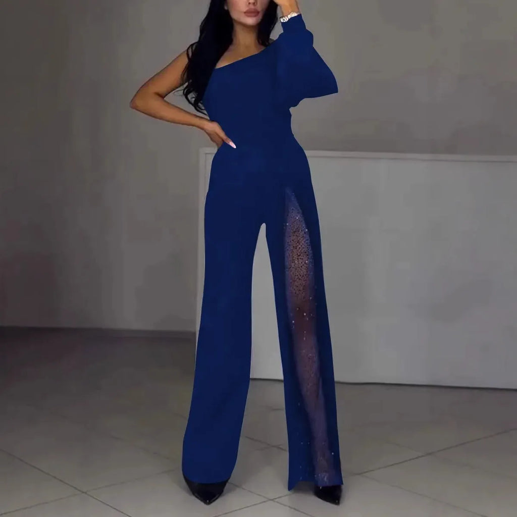 Women's black polyester jumpsuit with oblique shoulder design and high slit skirt, long sleeves