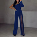 Women's black polyester jumpsuit with oblique shoulder design and high slit skirt, long sleeves