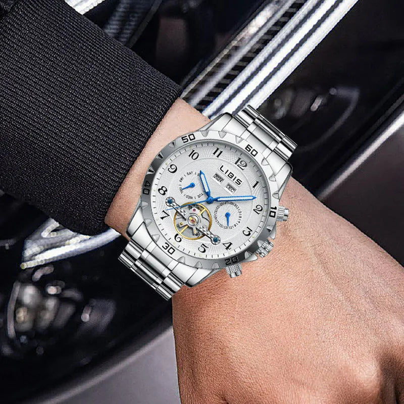 Men's silver automatic perpetual calendar watch with stainless steel bracelet and sapphire crystal glass.