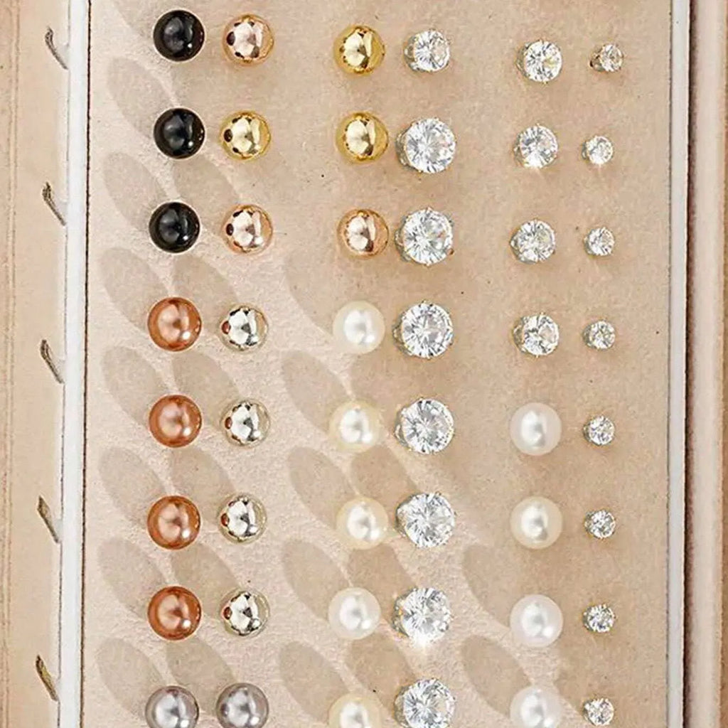 108 geometric pearl earrings in gold and yellow electroplated alloy arranged in combination set