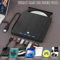 Black external DVD burner with TYPE-C USB cable and tray loading slot on a desk