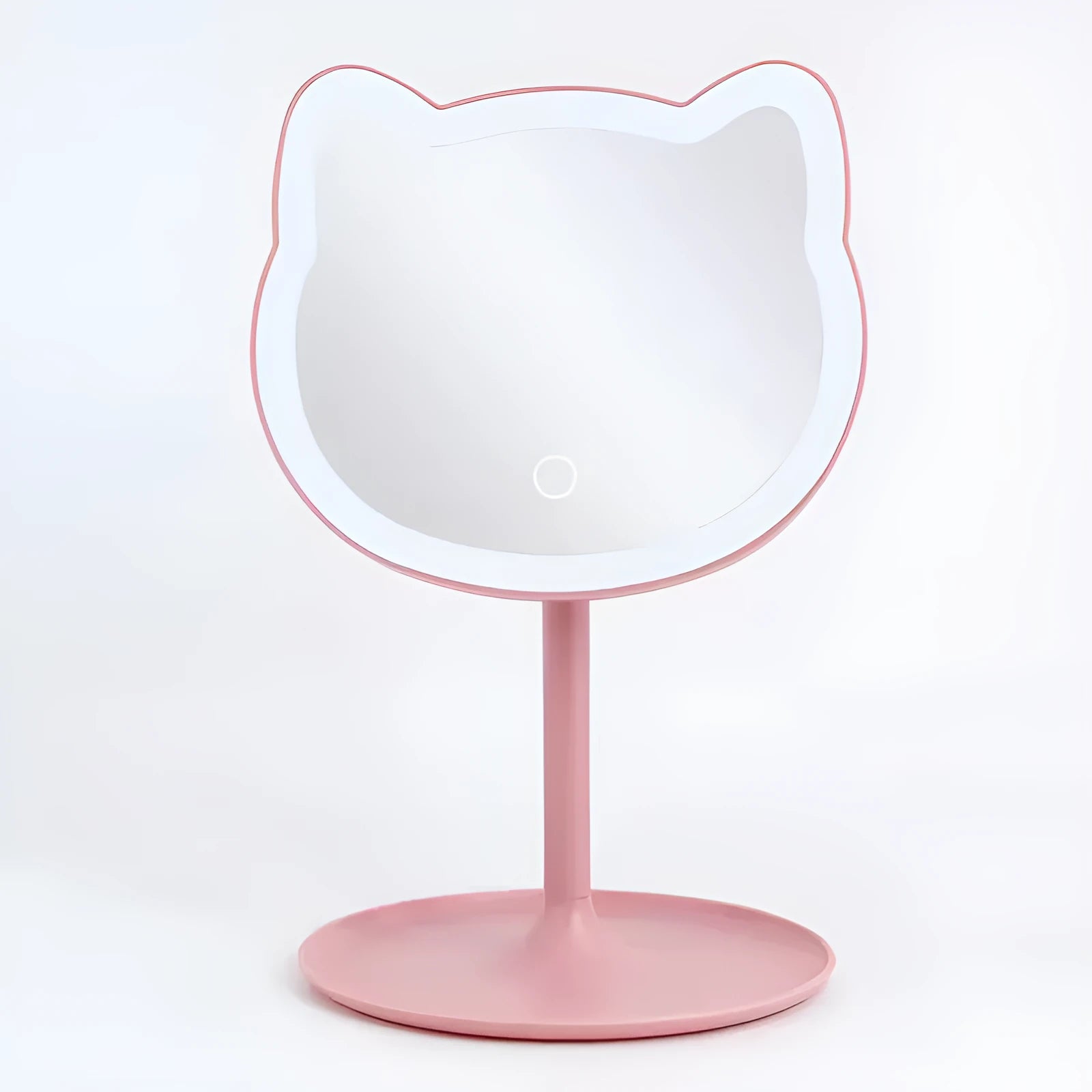 Pink rechargeable makeup mirror with fill light on a desk, ABS frame, aluminium mirror, size 14cm x 18cm