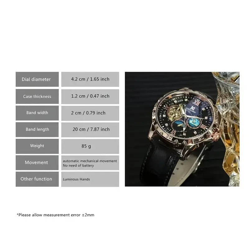 Automatic mechanical watch with large hollow dial and black leather strap on rose gold case