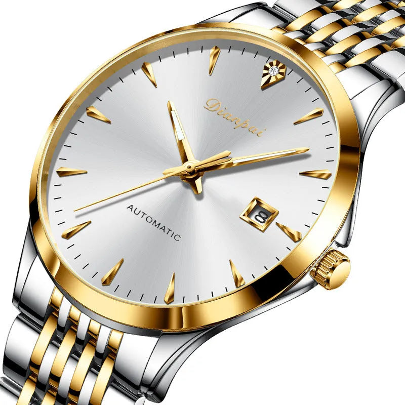 Men's stainless steel automatic mechanical watch with simple white dial and water resistance.