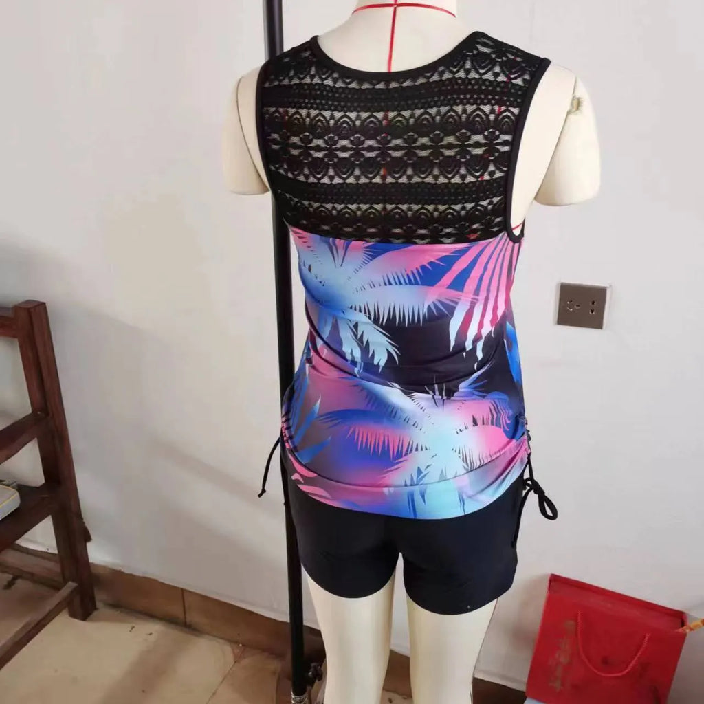 Women's floral printed lace two-piece swimsuit with matching top and shorts for swimming