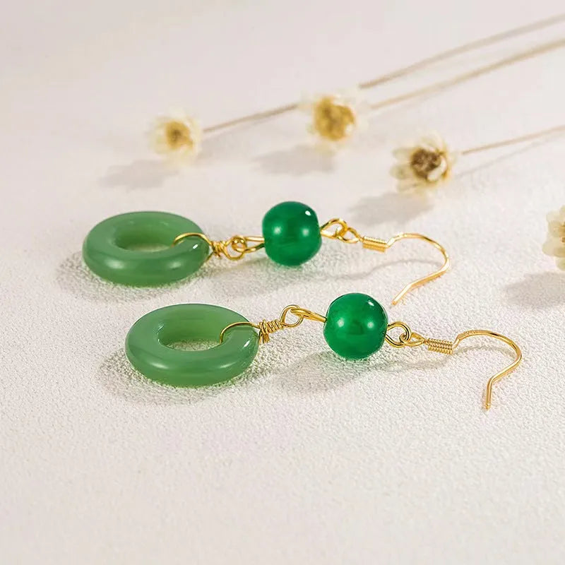 Green jade design earrings with peace buckle shape in Chinese style geometric form