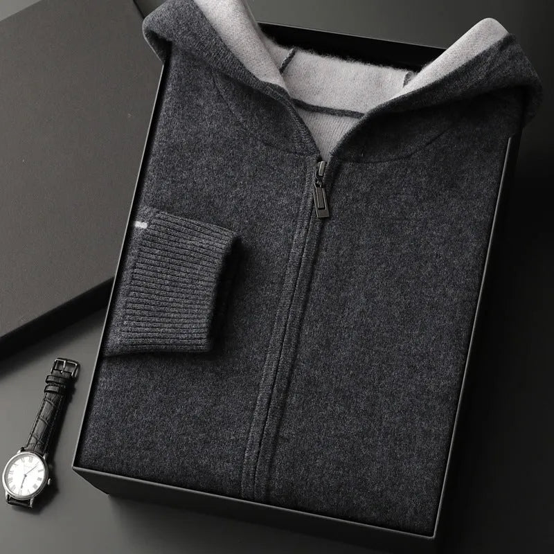 Men's dark blue cashmere zip-front cardigan sweater with half-high collar in loose fit