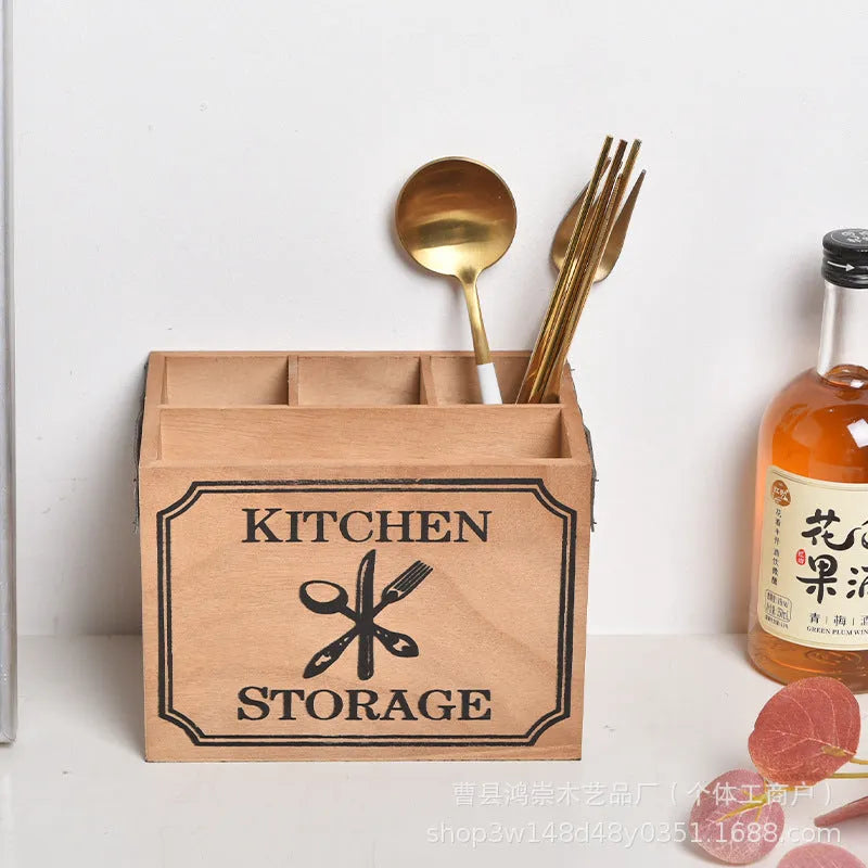 Wooden kitchen storage box with grid dividers for knives, forks and chopsticks