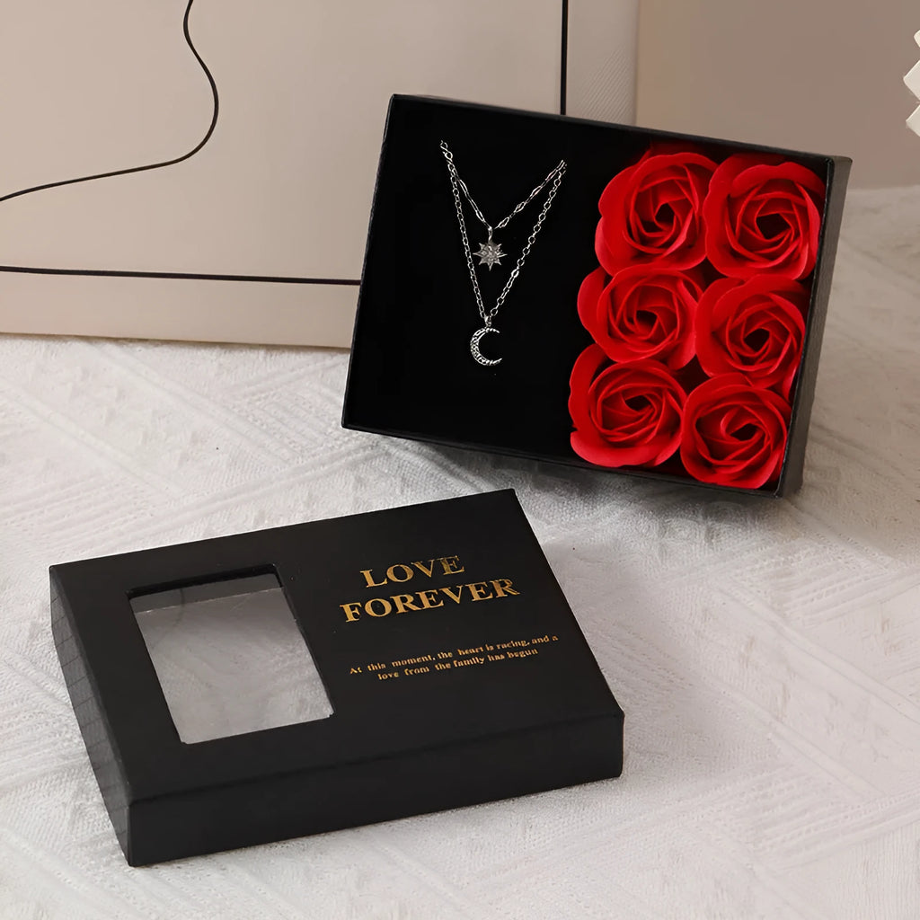 Korean style gift box with six red soap roses and a drawstring bag for Valentine's Day presents