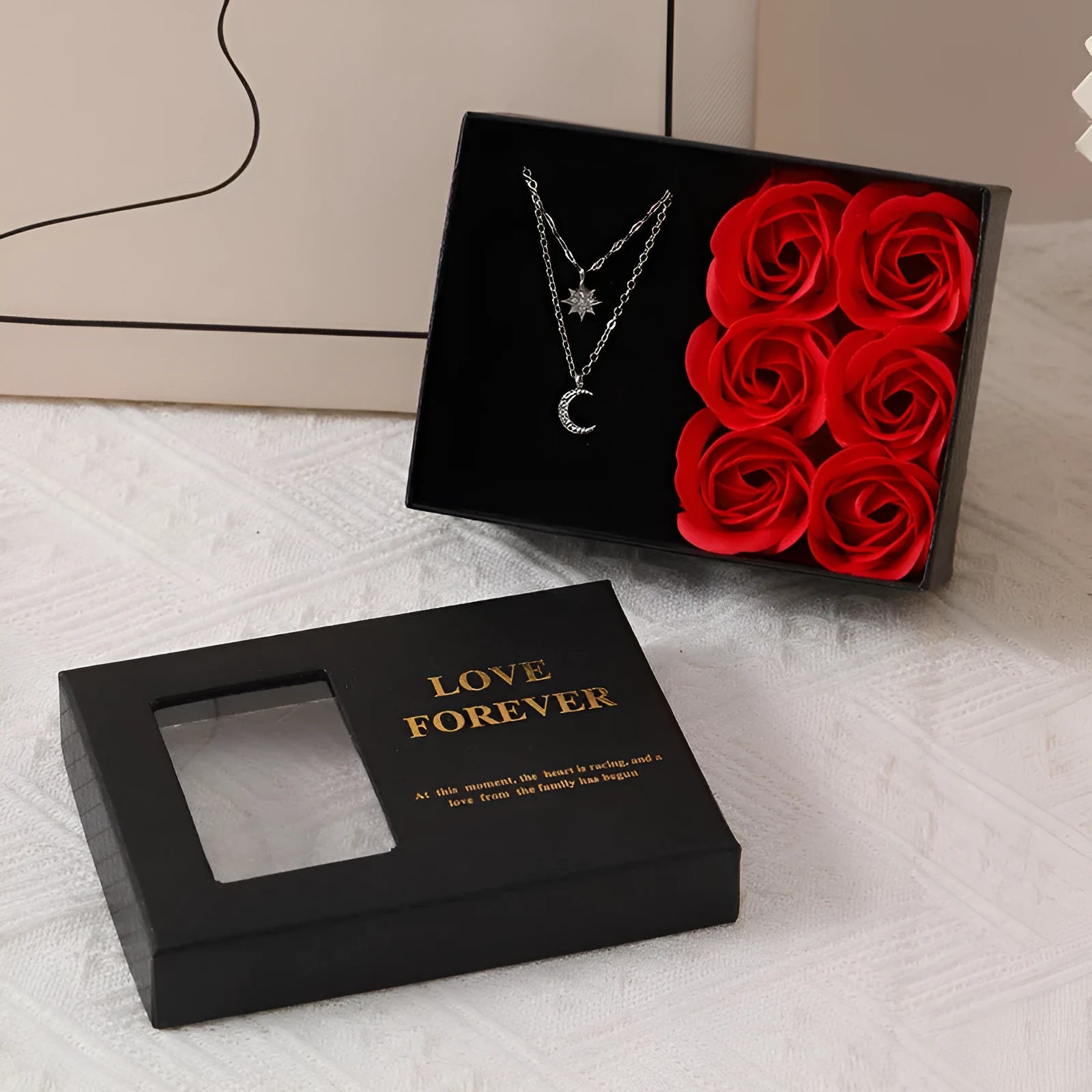Korean style gift box with six red soap roses and a drawstring bag for Valentine's Day presents