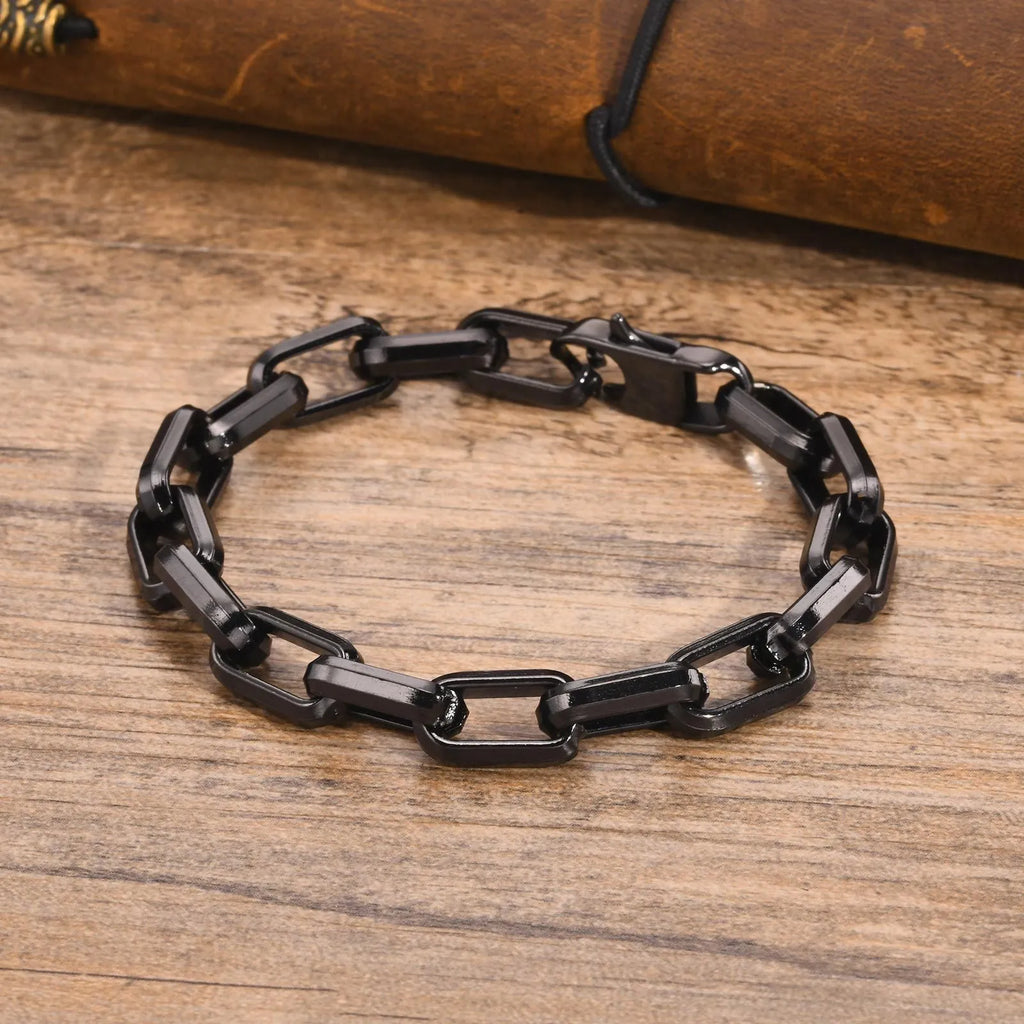 Men's titanium steel bracelet with a square chain design in a choice of gold, black, steel, or retro colour.