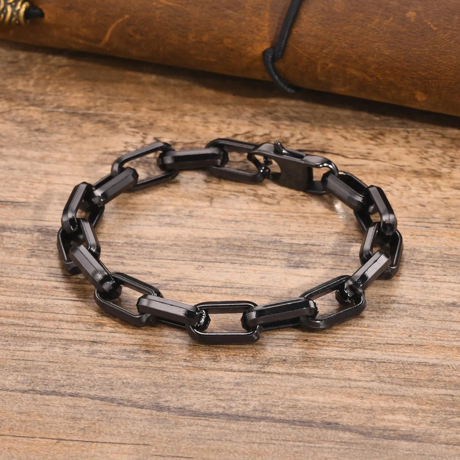 Men's titanium steel bracelet with a square chain design in a choice of gold, black, steel, or retro colour.