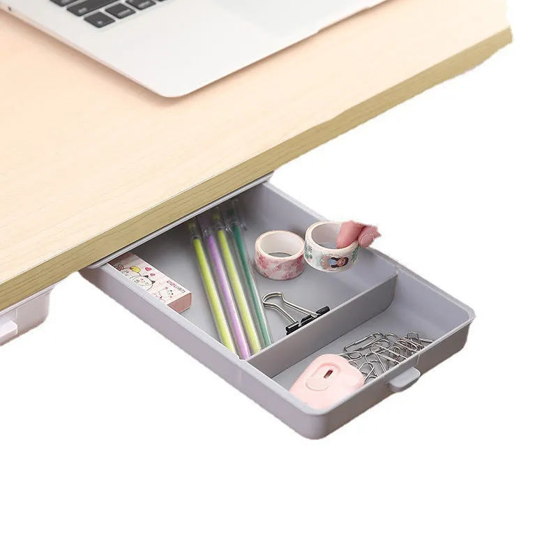 Plastic under desk storage drawer with cover and grid compartments in multiple colour options