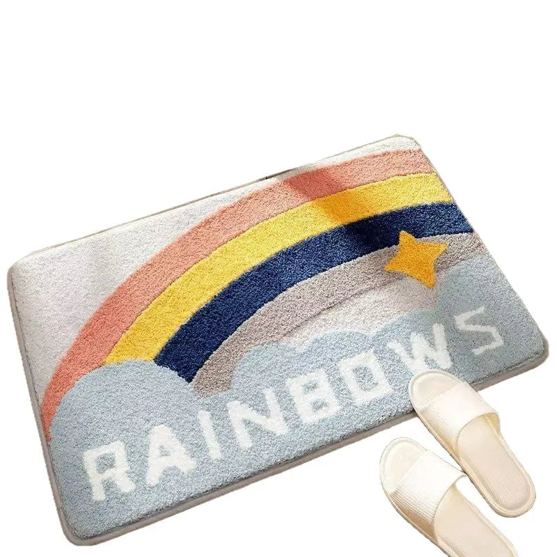 Sky and Sea rainbow print floor mat with anti-slip plastic backing on a wooden floor.