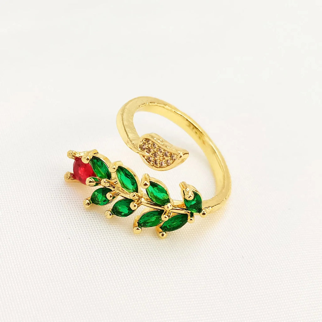Copper geometric leaf open ring with gold plating and zircon micro-inlaid details for women