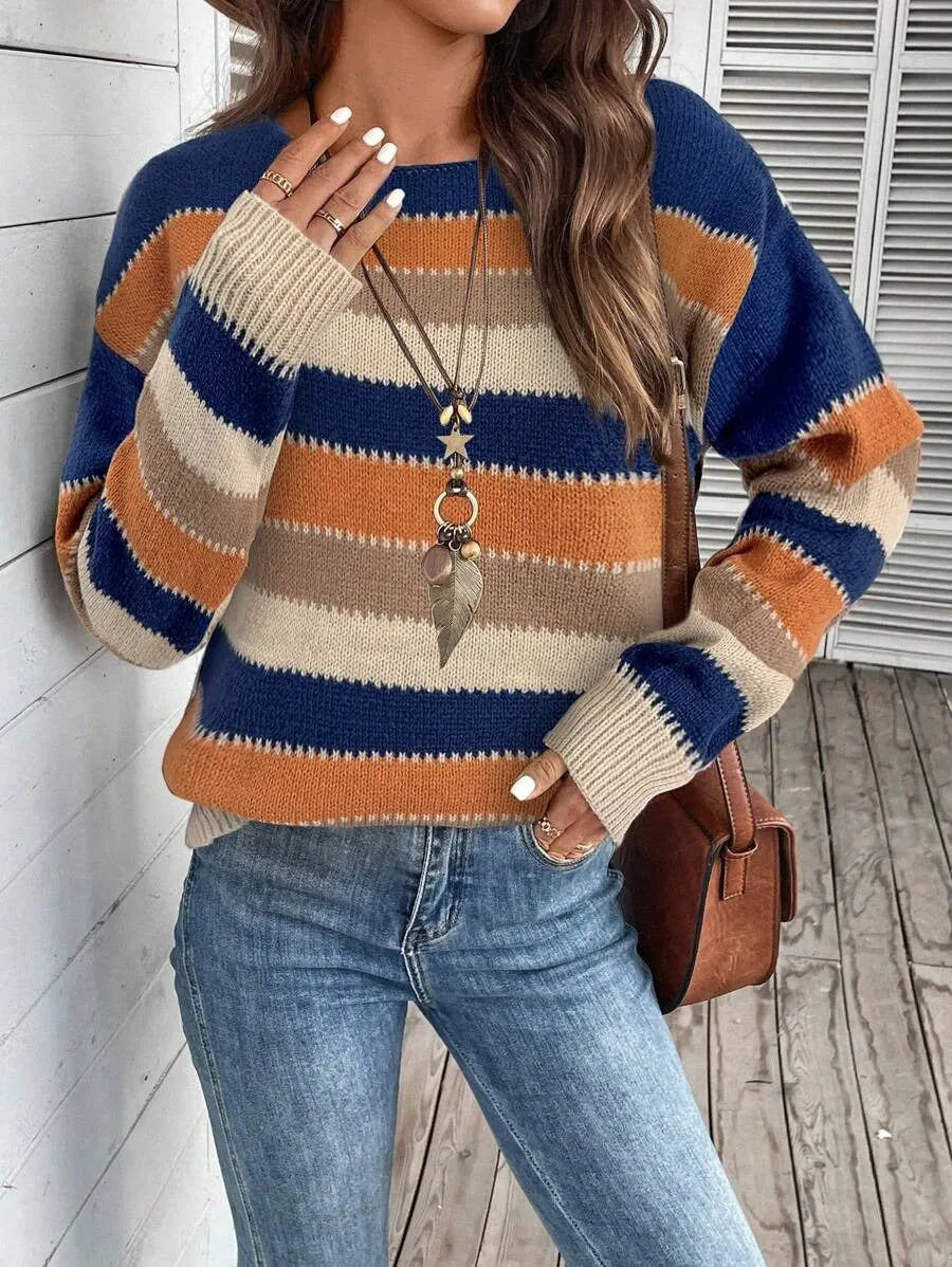 Women's colourblock striped pullover sweater in polyester with long sleeves