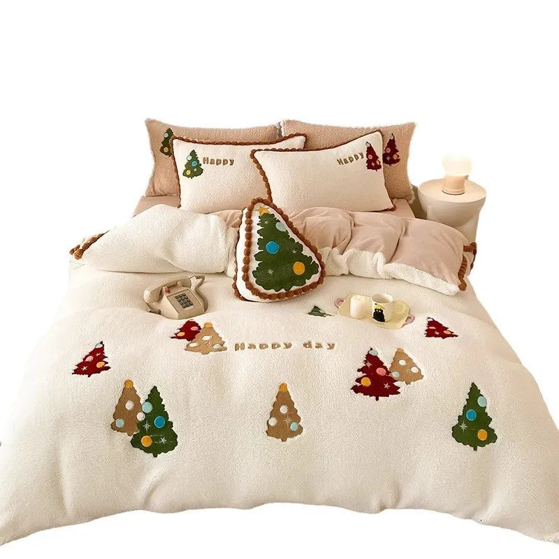 Bright yellow fleece-lined bedding set with embroidered Christmas tree pattern, shown on a double bed.