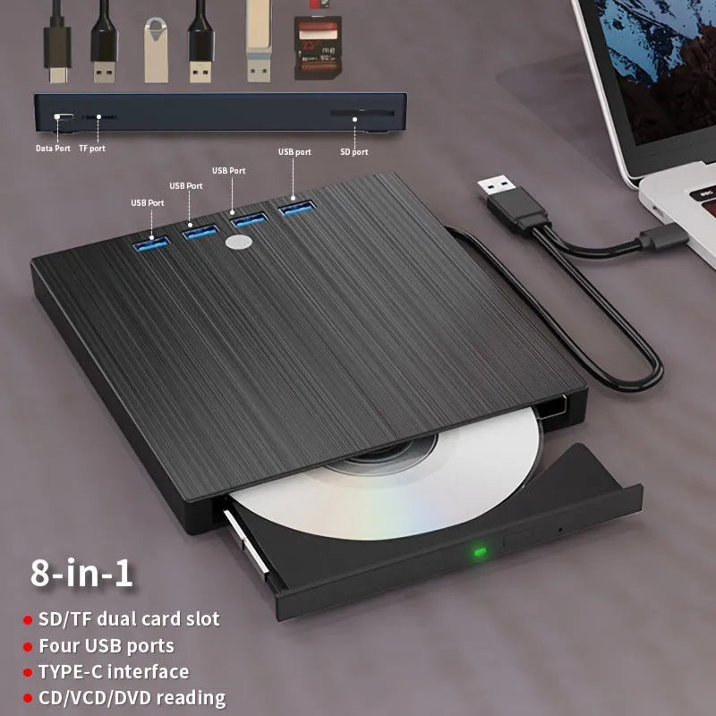Black external DVD burner with TYPE-C USB cable and tray loading slot on a desk