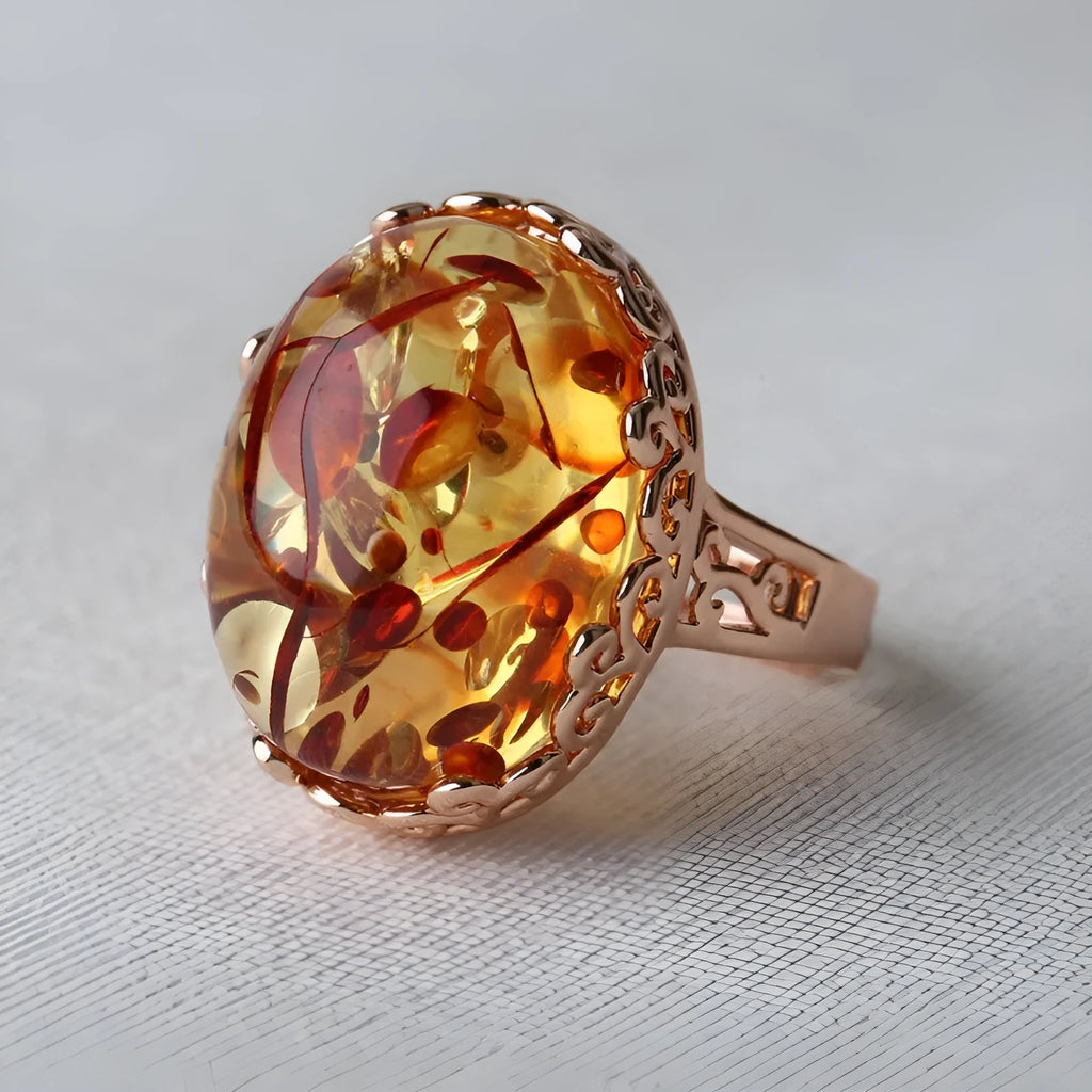 Beeswax amber ethnic ring with retro style on alloy band for men and women