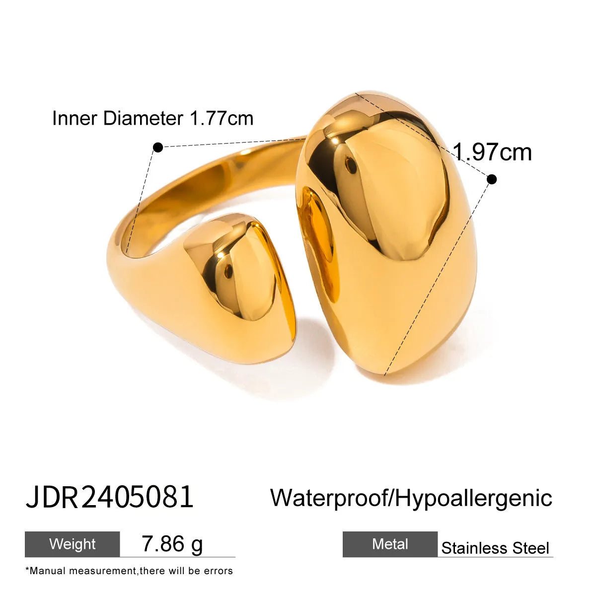 Stainless steel geometric open ring with electroplated metallic finish
