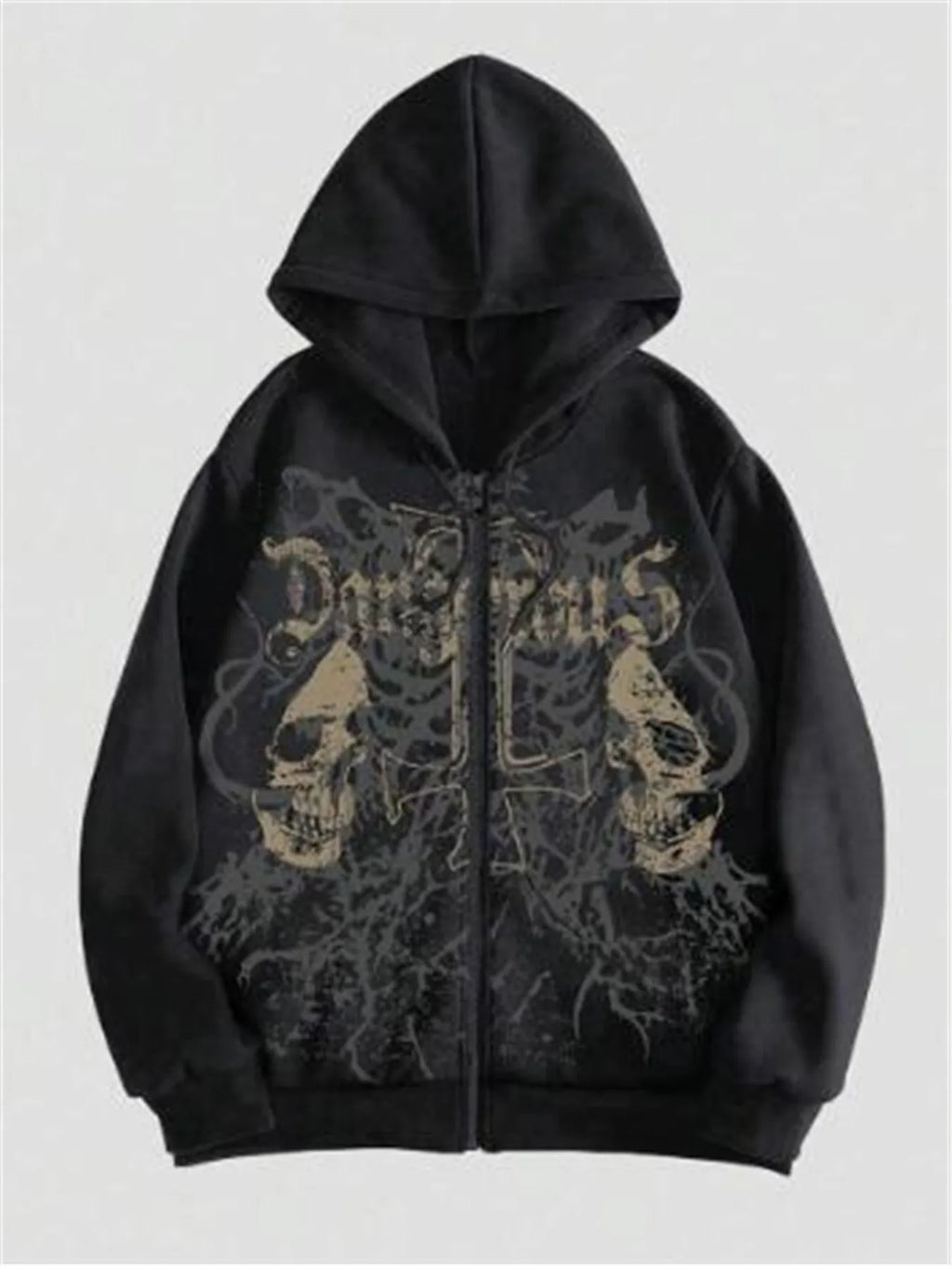 Men's black hooded sweatshirt with white skull hot stamping print, Harajuku style pullover