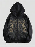 Men's black hooded sweatshirt with white skull hot stamping print, Harajuku style pullover