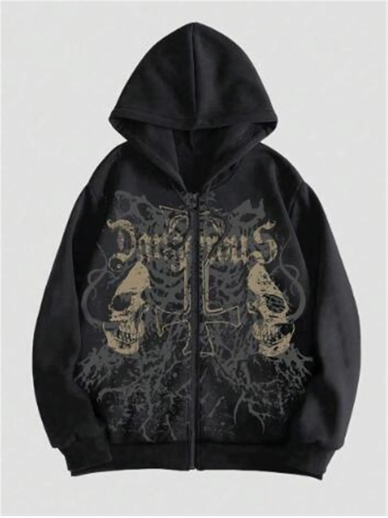 Men's black hooded sweatshirt with white skull hot stamping print, Harajuku style pullover