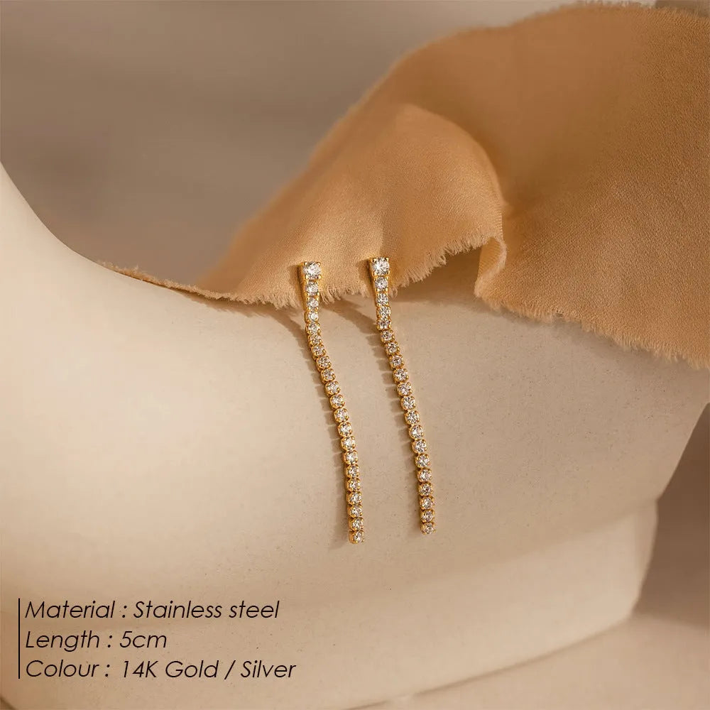 Geometric line design zircon earrings in stainless steel with gold or steel colour options