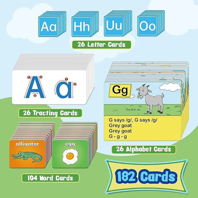 Alphabet learning sleeve table chart with word, letter, and picture cards for toddlers.