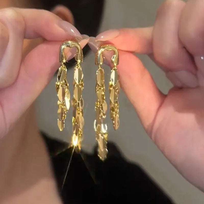 Silver wheat earrings with long fringe tassel and geometric metal design, electroplated drop earrings for women