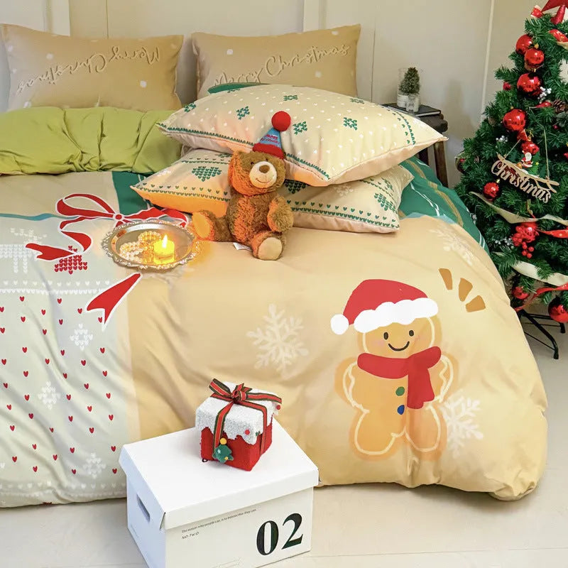 Christmas-themed cartoon printed duvet cover and pillowcase set on a bed, showing Gingerbread Man pattern.