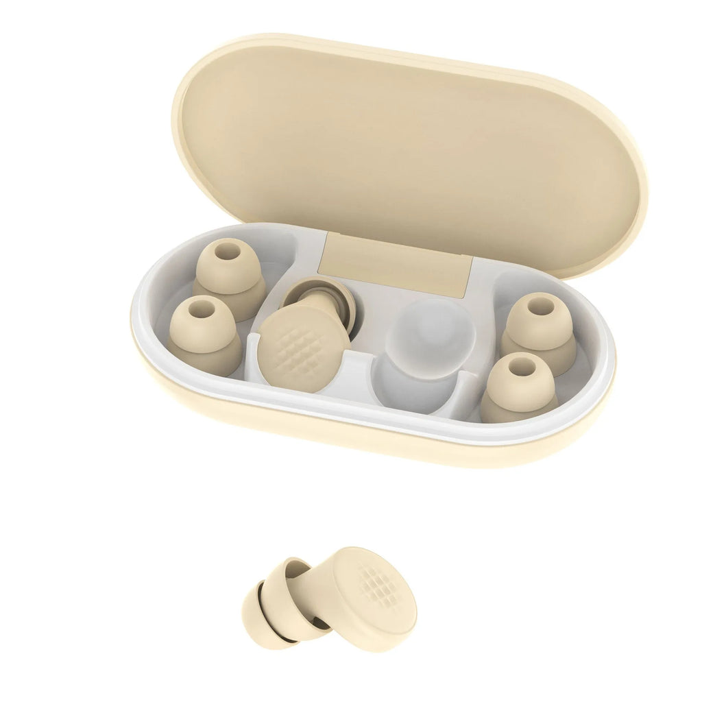 Anti-noise sleep earplugs in beige with flexible silicone construction and L-shaped curved plug