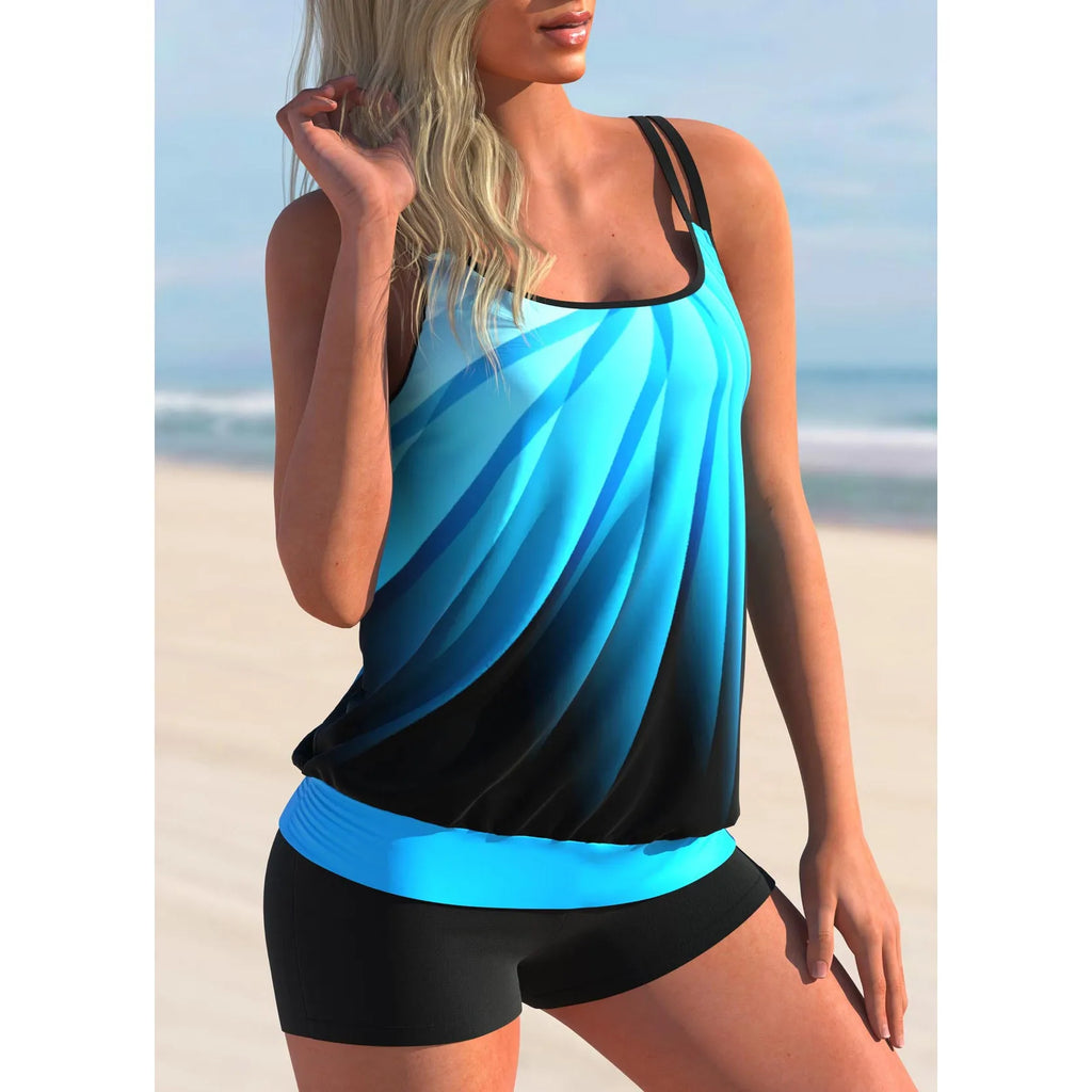 Women's plus size printed swimsuit set with butterfly pattern and matching shorts