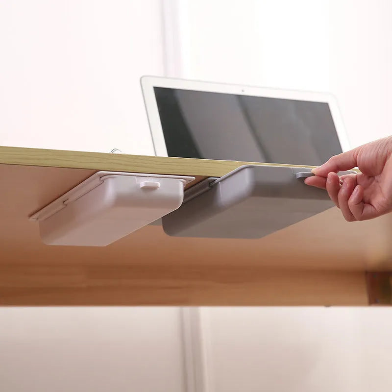 Plastic under desk storage drawer with cover and grid compartments in multiple colour options