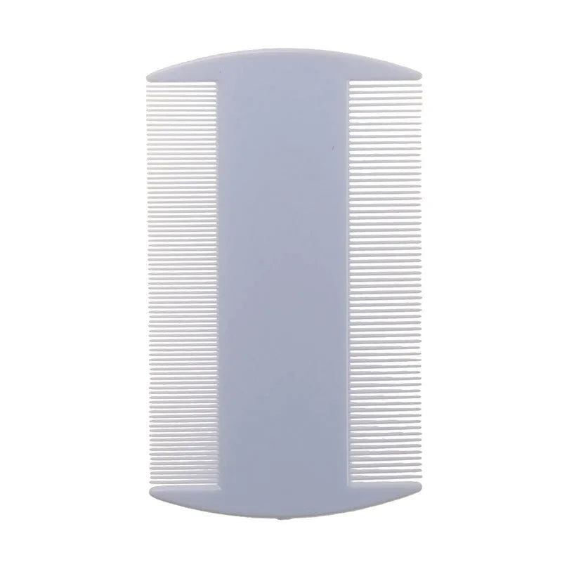 White dual-edge fine-toothed plastic comb for removing lice and fleas, shown on a blue background.