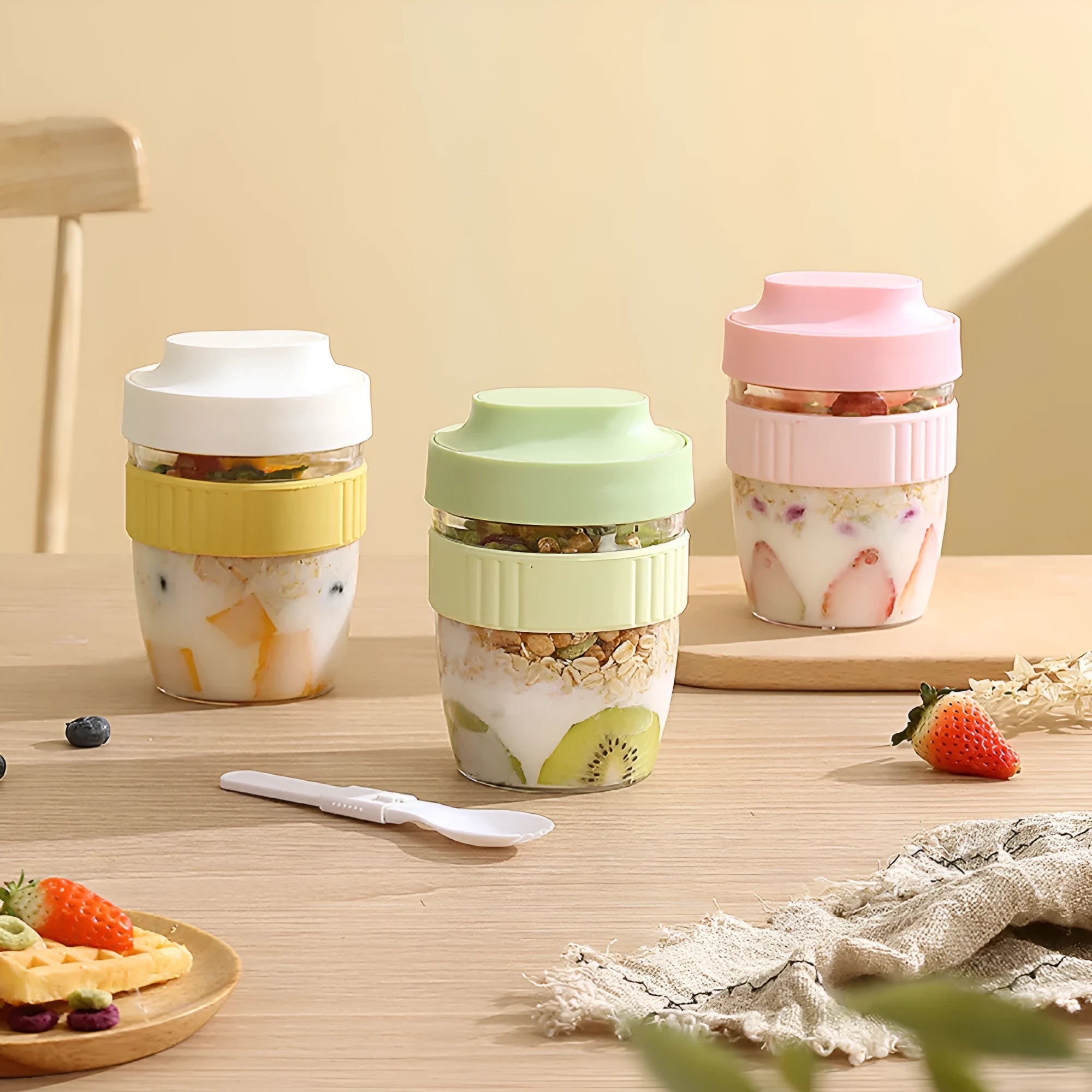 Modern simplicity plastic salad cup with lid and spoon in green, shown next to purple and pink options.