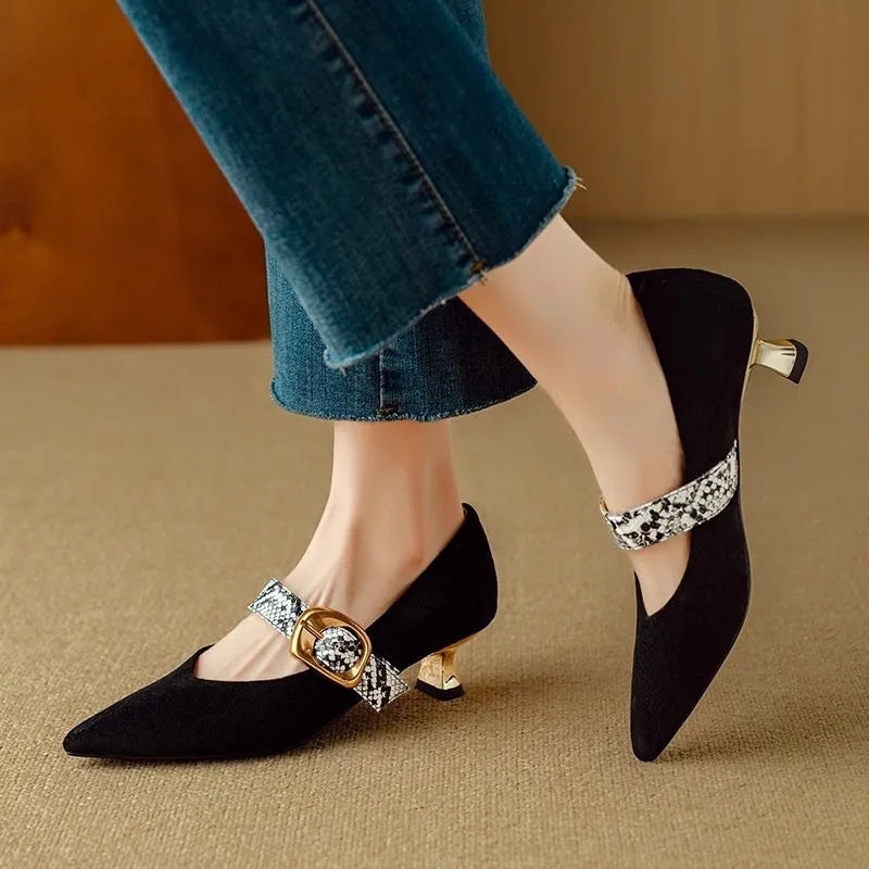 Women's black French pointed toe stiletto heels with buckle fastening and 3-5cm heel